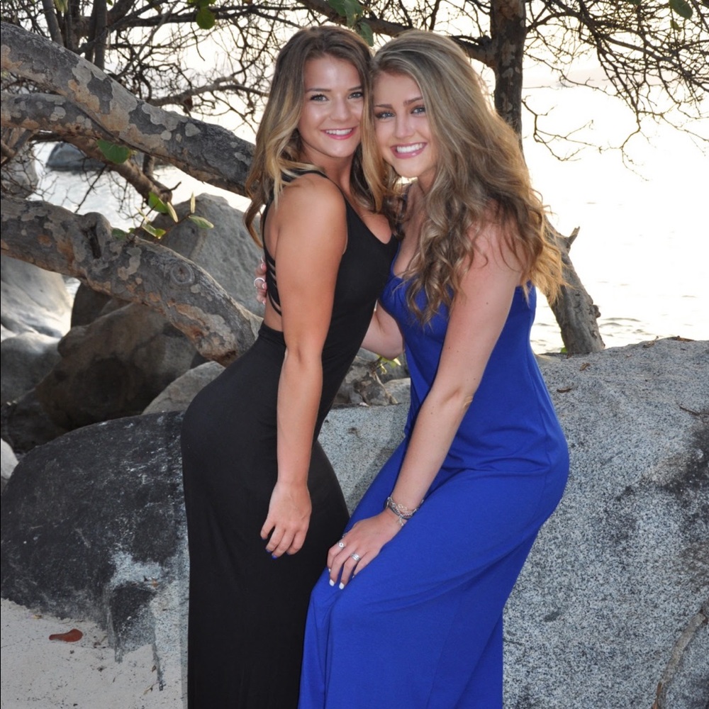 black maxi dress with scoop neck and open back